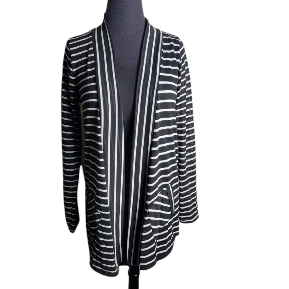 KLd signature open front black white stripe cardigan size medium